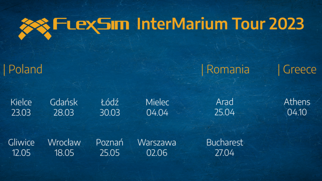 Events schedule for FlexSim InterMarium Tour 2023